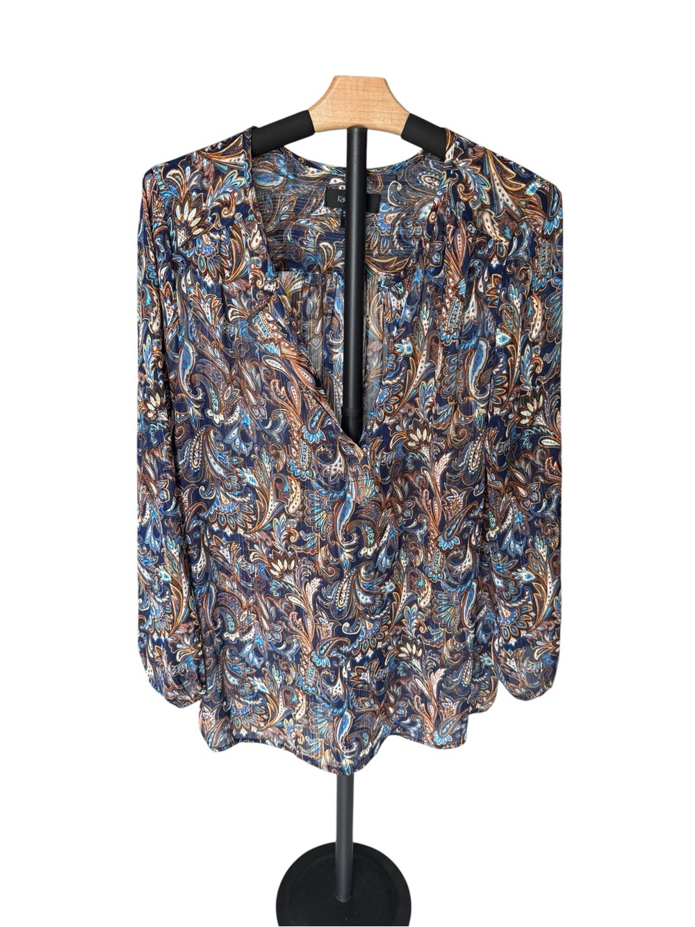 Karen Kane Blue and Brown Paisley V-Neck Blouse